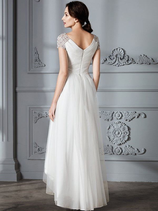 Asymmetrical Short V-neck A-Line/Princess Sleeves Tulle Wedding Dresses