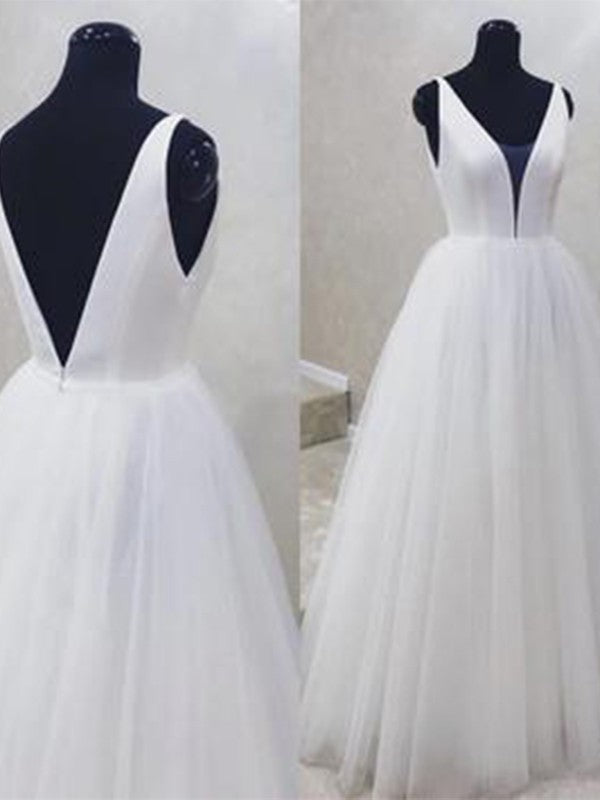 Sleeveless A-Line/Princess V-neck Ruffles Tulle Floor-Length Wedding Dresses