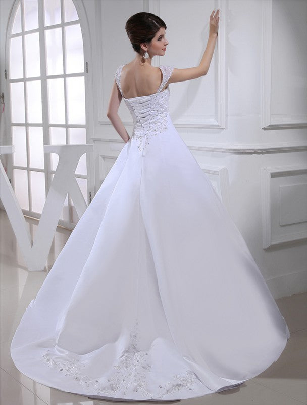 Beading Gown Ball Sleeveless Straps Long Satin Wedding Dresses