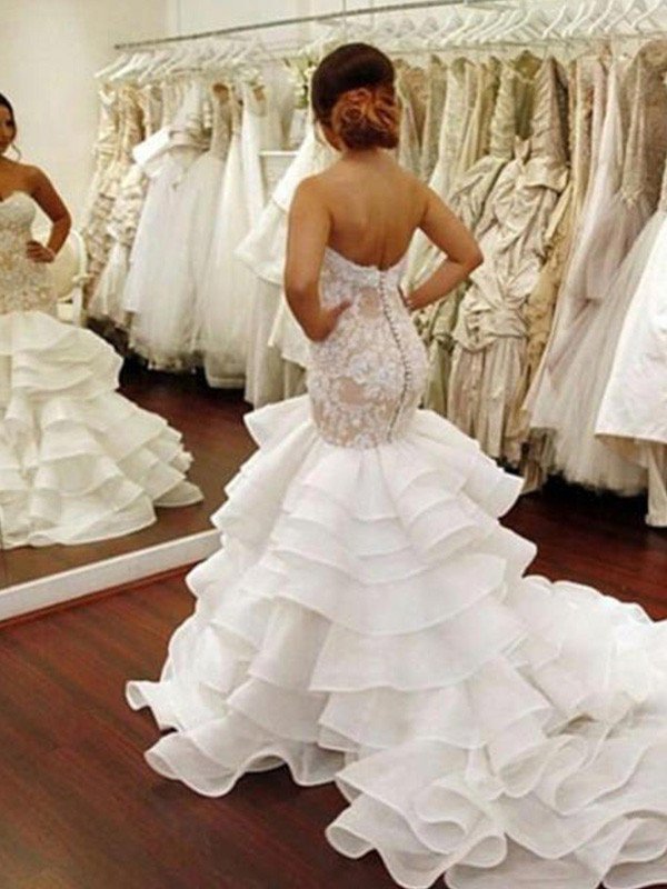 Sleeveless Applique Lace Chapel Ruffles Sweetheart Train Trumpet/Mermaid Organza Wedding Dresses