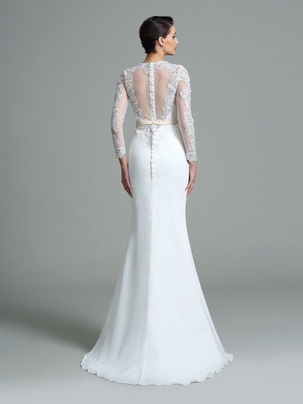 Lace Trumpet/Mermaid Long Sleeves Jewel Long Satin Wedding Dresses