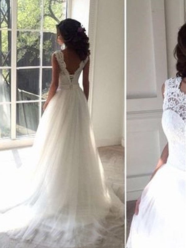 Sleeveless A-Line/Princess Train Square Court Tulle Wedding Dresses