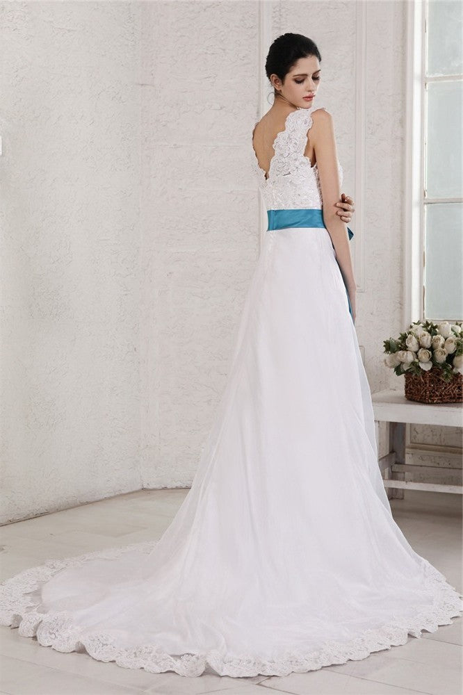 Organza Long Sash Sleeveless Applique V-neck A-Line/Princess Satin Wedding Dresses