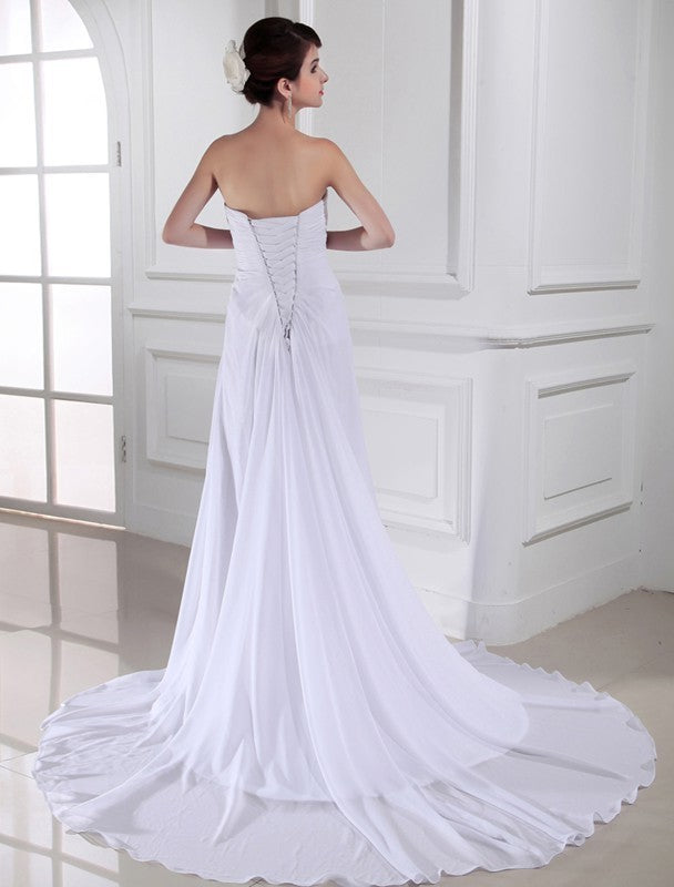 Sleeveless Chiffon Flower Sheath/Column Sweetheart Hand-made Long Wedding Dresses