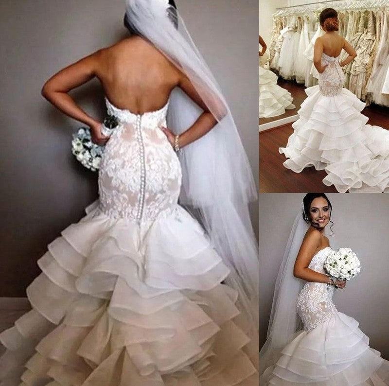 Sleeveless Applique Lace Chapel Ruffles Sweetheart Train Trumpet/Mermaid Organza Wedding Dresses