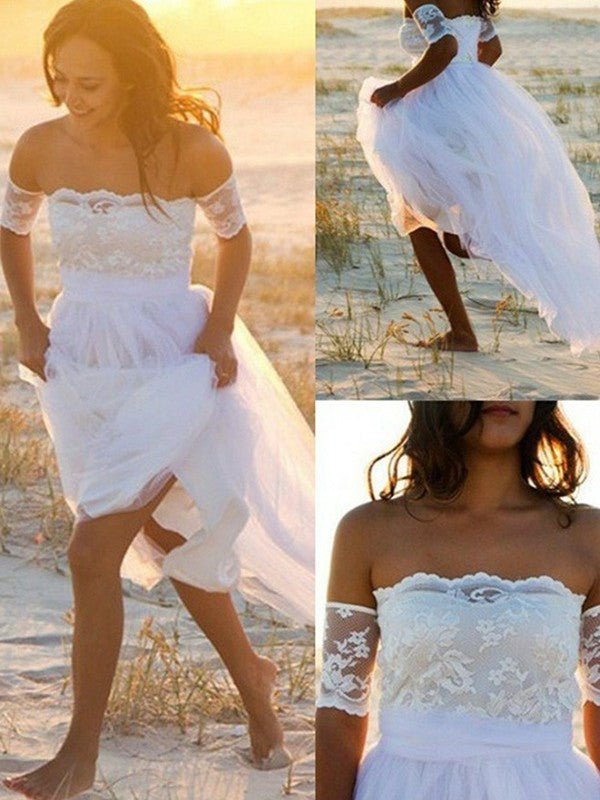 Chiffon Lace A-Line/Princess Off-the-Shoulder Sleeveless Floor-Length Wedding Dresses