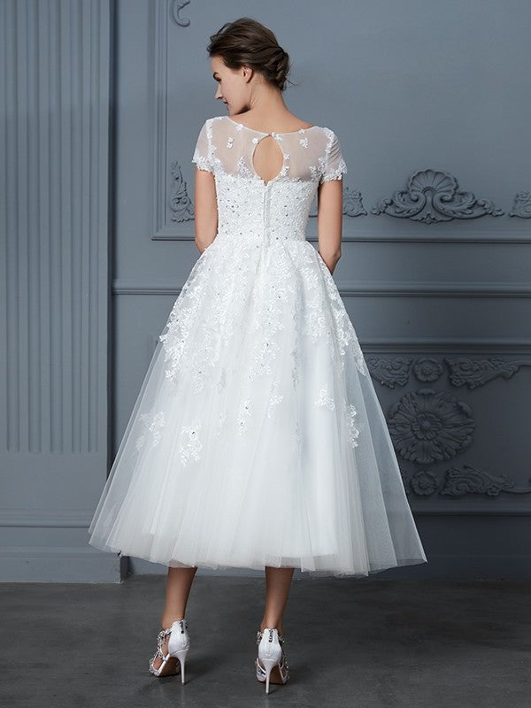 Tea-Length Scoop Short A-Line/Princess Sleeves Beading Tulle Wedding Dresses