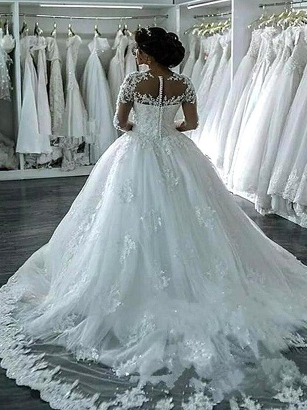 Gown Tulle Court Applique Sleeves Ball Long Scoop Train Wedding Dresses