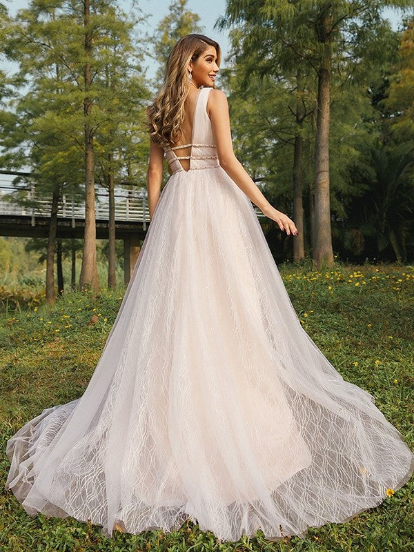 Tulle V-neck Ruffles A-Line/Princess Sweep/Brush Sleeveless Train Wedding Dresses