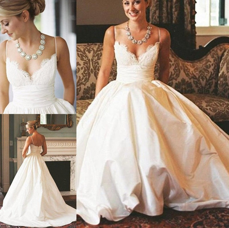 Satin V-neck Sweep/Brush Sleeveless Ruched A-Line/Princess Train Wedding Dresses