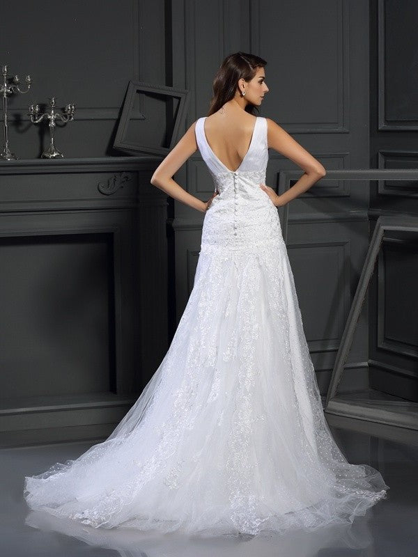 Sleeveless A-Line/Princess Beading Long V-neck Satin Wedding Dresses