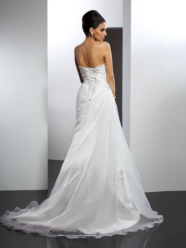 Long A-Line/Princess Sweetheart Sleeveless Applique Organza Wedding Dresses