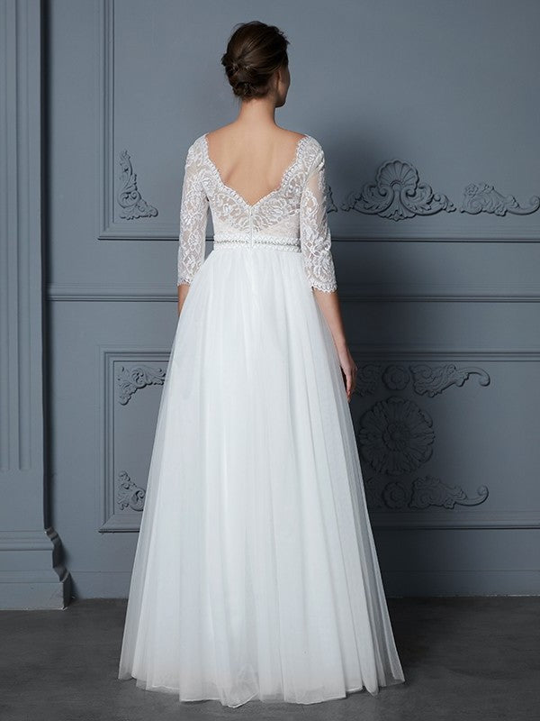 3/4 Lace V-neck Floor-Length A-Line/Princess Sleeves Tulle Wedding Dresses