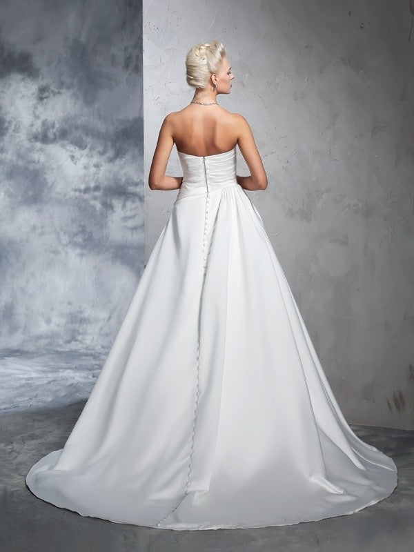 Sleeveless Ball Ruched Long Gown Strapless Satin Wedding Dresses