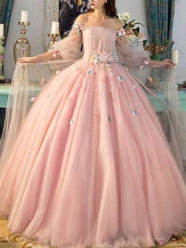 Sleeves Ball Gown Off-the-Shoulder Hand-Made Tulle Long Flower Floor-Length Dresses