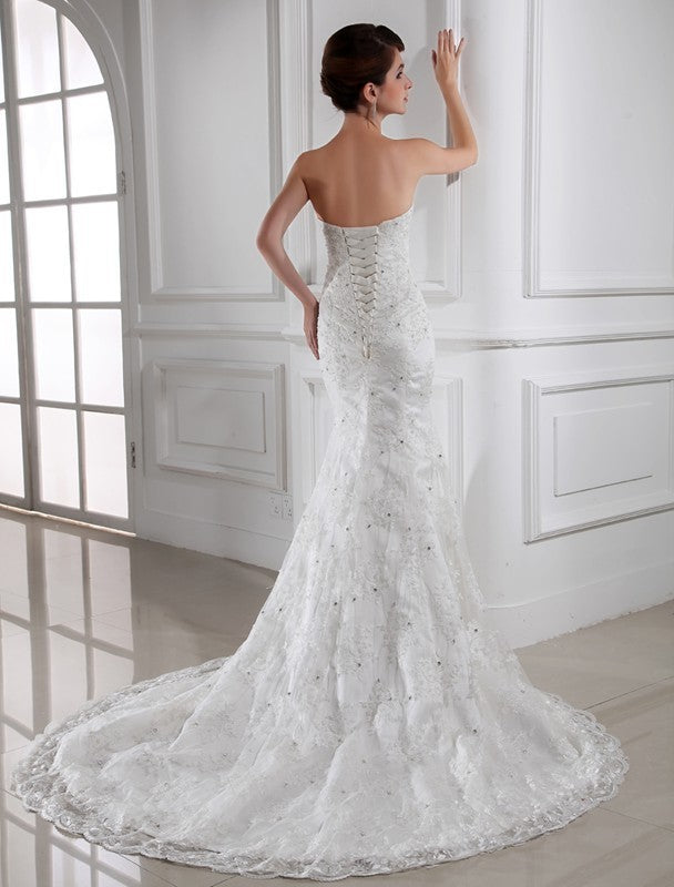 Strapless Lace Beading Sleeveless Trumpet/Mermaid Satin Wedding Dresses