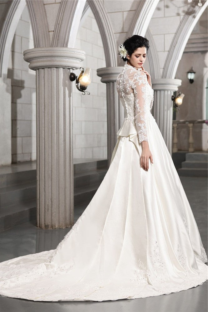 Sleeves Long A-Line/Princess Long Applique Beading Satin Wedding Dresses