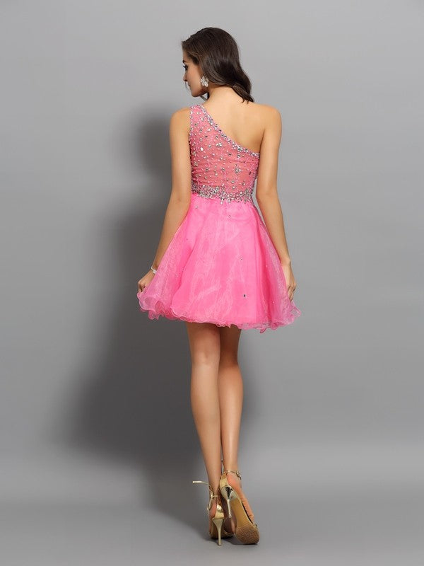 A-Line/Princess One-Shoulder Ina Ruffles Homecoming Dresses Sleeveless Short Organza Cocktail Dresses