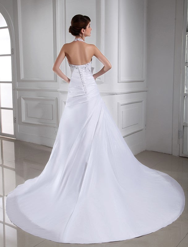 Sleeveless Long A-Line/Princess Halter Beading Taffeta Wedding Dresses