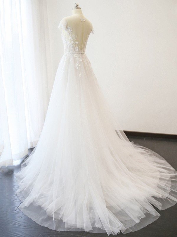 Train Applique Court A-Line/Princess Short V-neck Sleeves Tulle Wedding Dresses