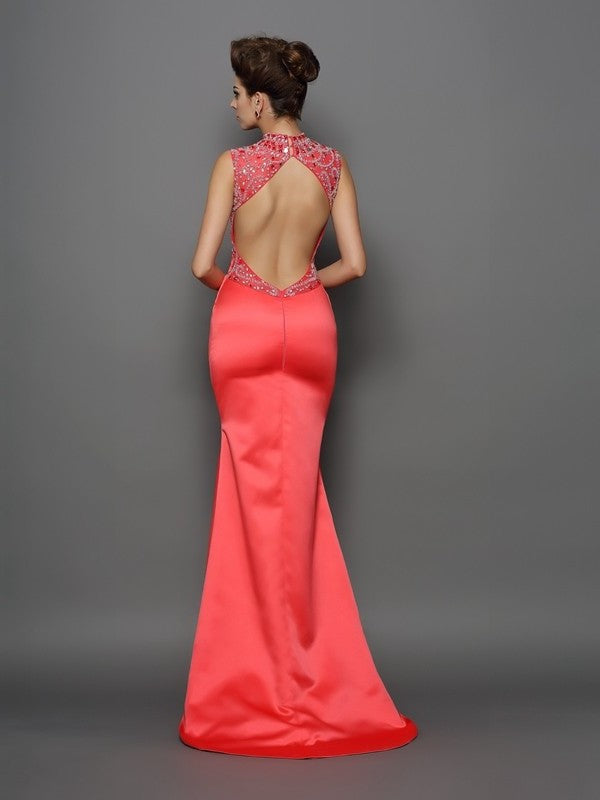 Neck Sleeveless High Beading Trumpet/Mermaid Long Satin Dresses