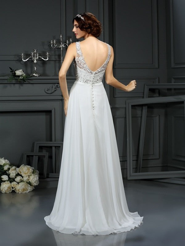 V-neck A-Line/Princess Long Lace Sleeveless Chiffon Wedding Dresses