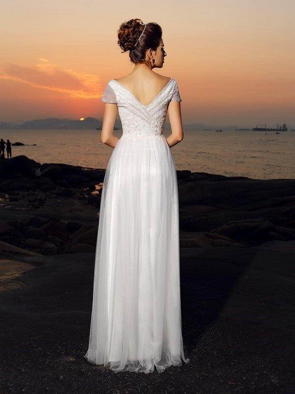 Beading Off-the-Shoulder A-Line/Princess Sleeves Long Tulle Short Beach Wedding Dresses