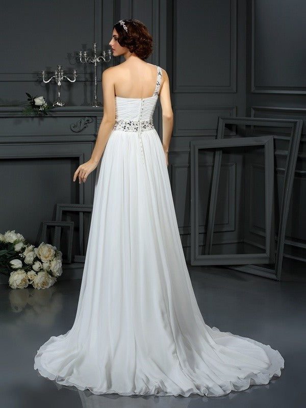 Beading Sleeveless Long One-Shoulder A-Line/Princess Chiffon Wedding Dresses