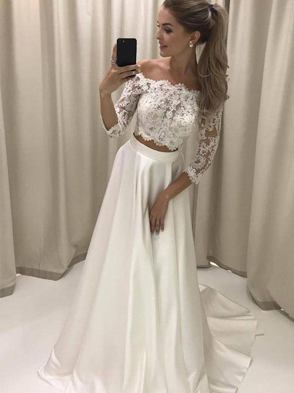 Court 3/4 A-Line/Princess Off-the-Shoulder Sleeves Train Applique Satin Wedding Dresses