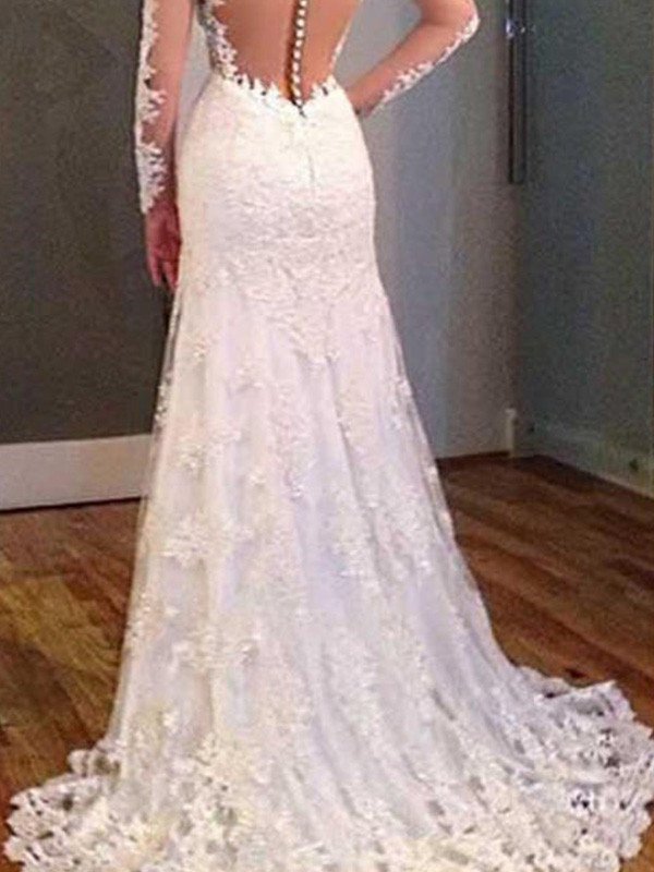 Applique Sleeves Train Sweep/Brush Trumpet/Mermaid Long V-neck Lace Wedding Dresses