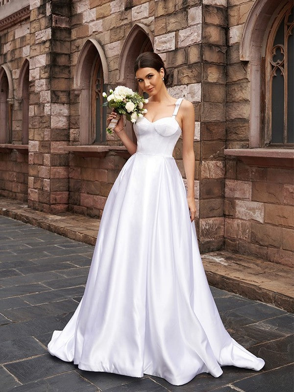 Satin A-Line/Princess Straps Sleeveless Sweep/Brush Ruffles Train Wedding Dresses