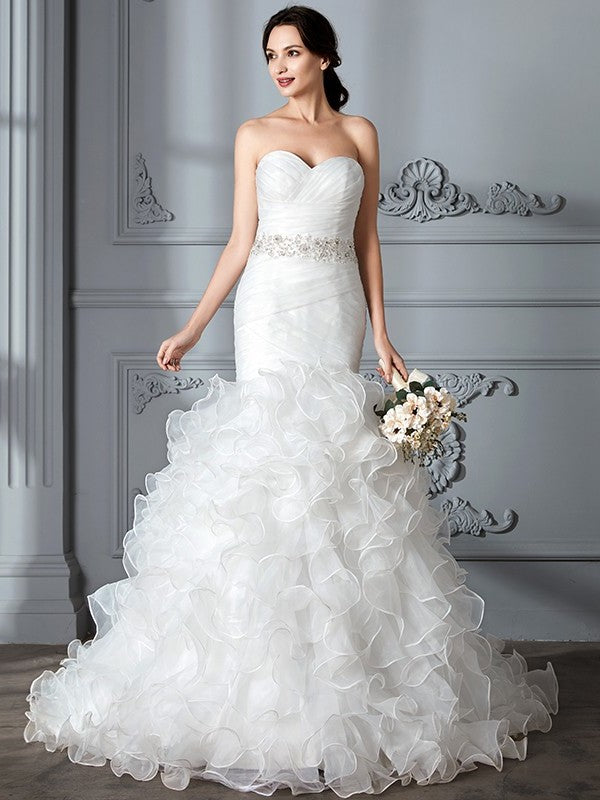 Trumpet/Mermaid Sweep/Brush Ruffle Train Sweetheart Sleeveless Satin Wedding Dresses