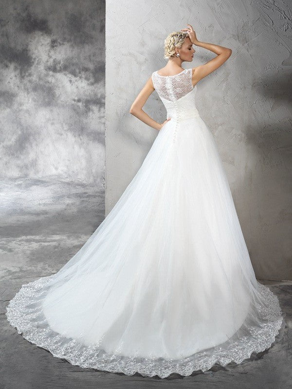 Gown Neck Ball Sleeveless Sash/Ribbon/Belt Long Sheer Net Wedding Dresses