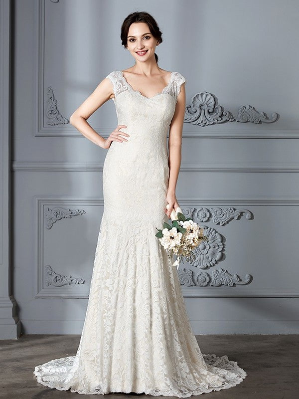 Sleeveless Sweep/Brush V-Neck Lace Trumpet/Mermaid Train Wedding Dresses