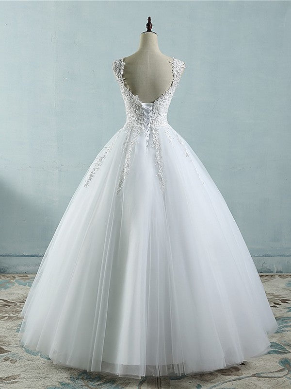 Floor-Length Sleeveless Ball Sweetheart Applique Gown V-neck Tulle Wedding Dresses