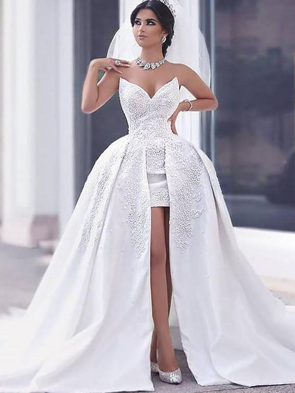 Satin Train Chapel Sleeveless Ball Beading Gown Sweetheart Wedding Dresses