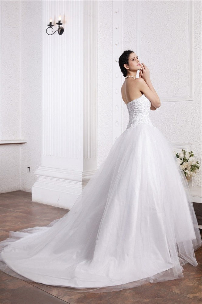 Gown Long Ball Beading Sweetheart Applique Sleeveless Net Wedding Dresses