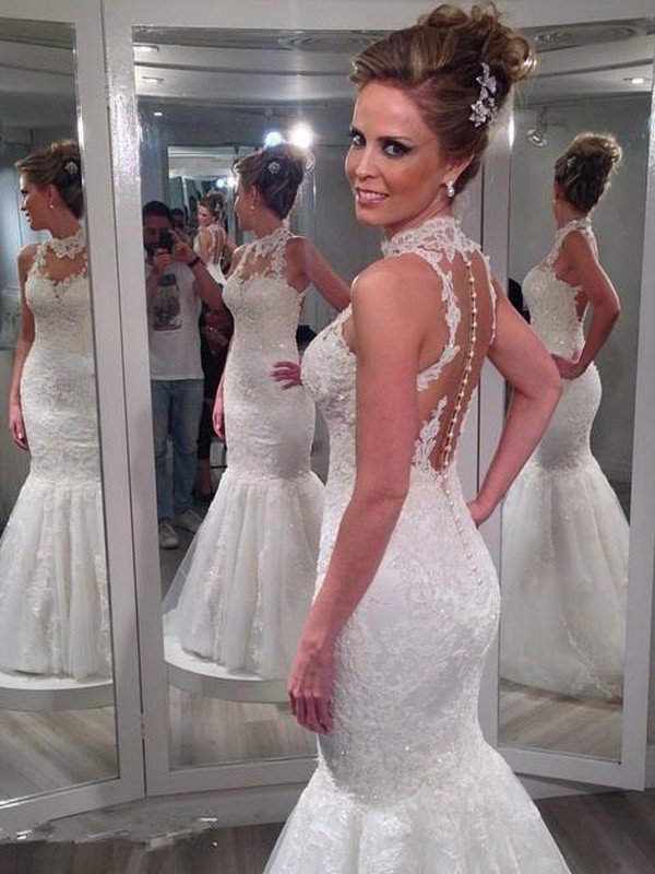 Lace Neck High Floor-Length Trumpet/Mermaid Sleeveless Tulle Wedding Dresses