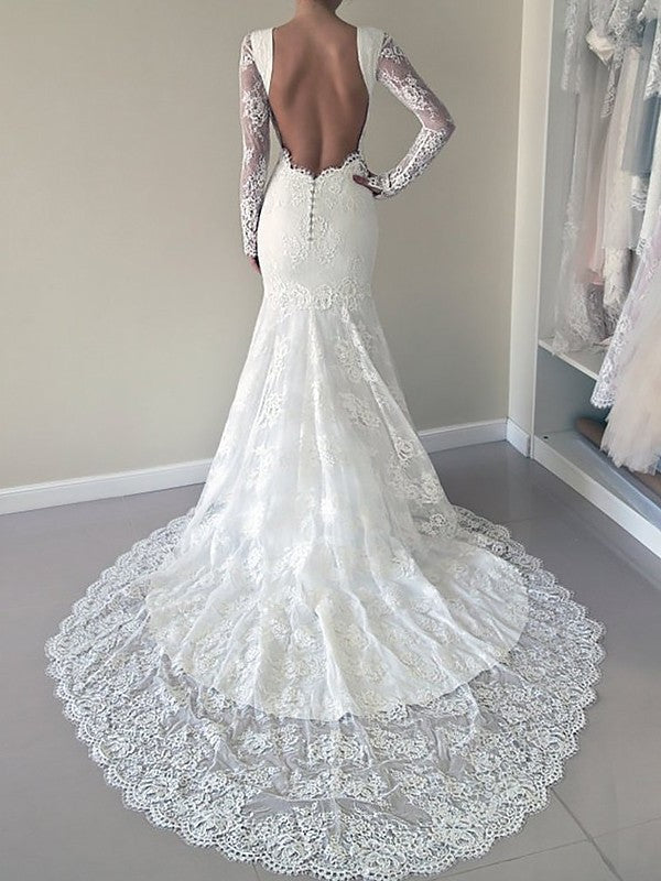 Court Long Scoop Trumpet/Mermaid Train Sleeves Lace Wedding Dresses