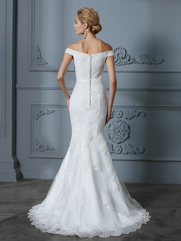 Trumpet/Mermaid Sleeveless Off-the-Shoulder Train Lace Sweep/Brush Tulle Wedding Dresses