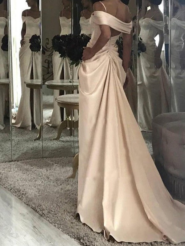 Sheath/Column like Short Ruffles Sleeves Train Silk Sweep/Brush Off-the-Shoulder Satin Wedding Dresses