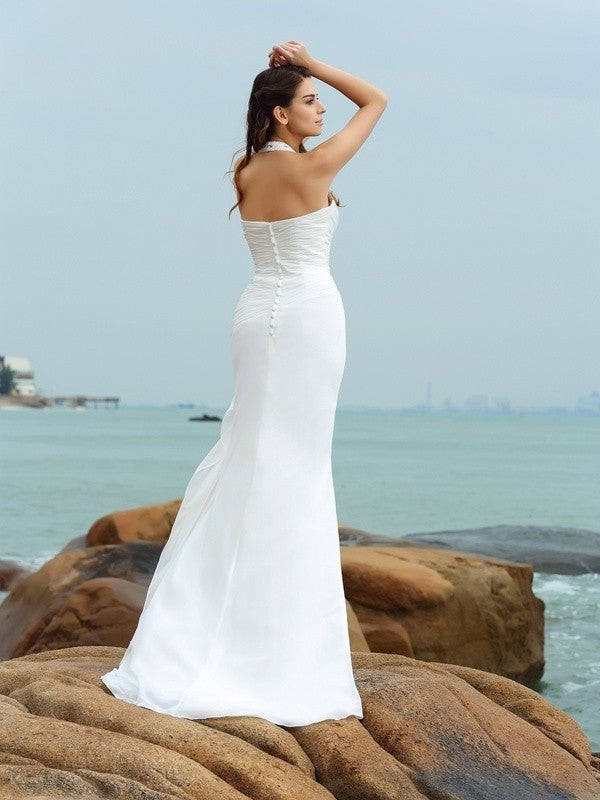 Halter Pleats Sheath/Column Sleeveless Chiffon Long Beach Wedding Dresses