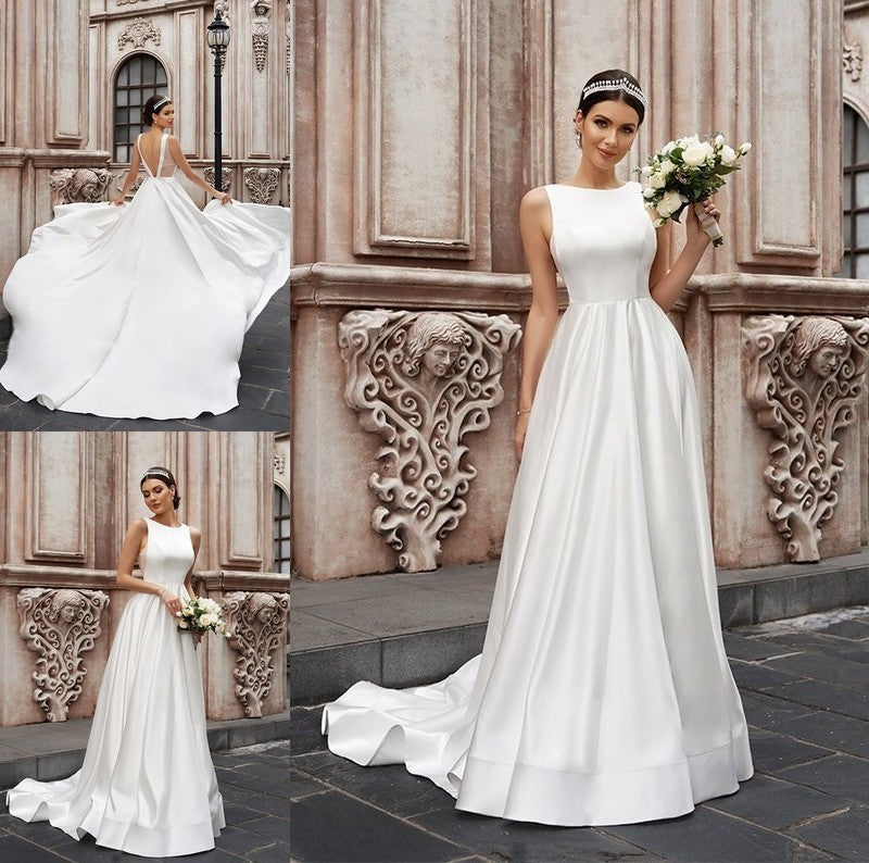 A-Line/Princess Ruffles Sleeveless Satin Scoop Sweep/Brush Train Wedding Dresses