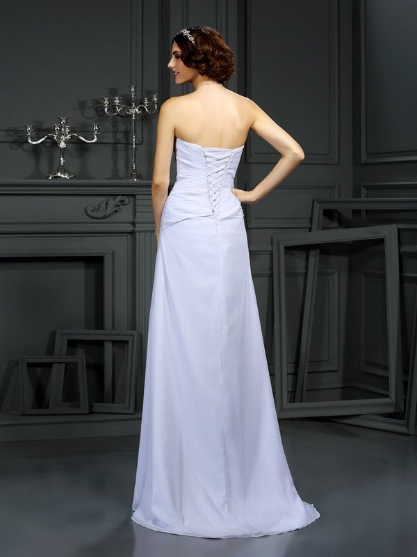 Sleeveless Beading Sheath/Column Long Strapless Chiffon Wedding Dresses