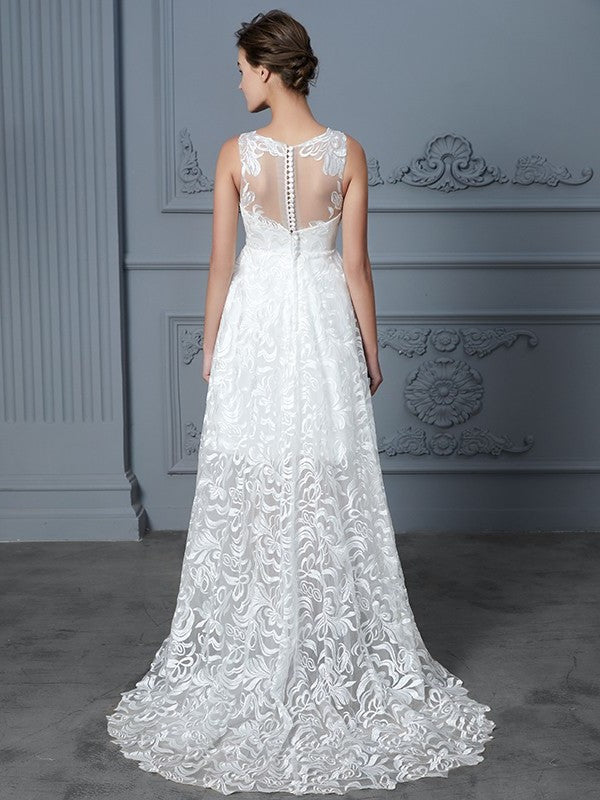 A-Line/Princess Asymmetrical Scoop Sleeveless Lace Wedding Dresses