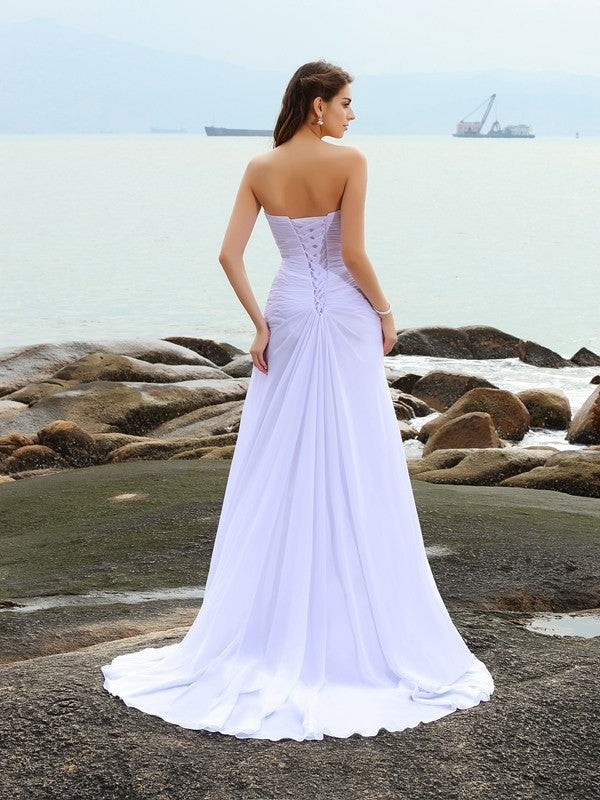 Beading Chiffon Sweetheart Sheath/Column Sleeveless Long Beach Wedding Dresses