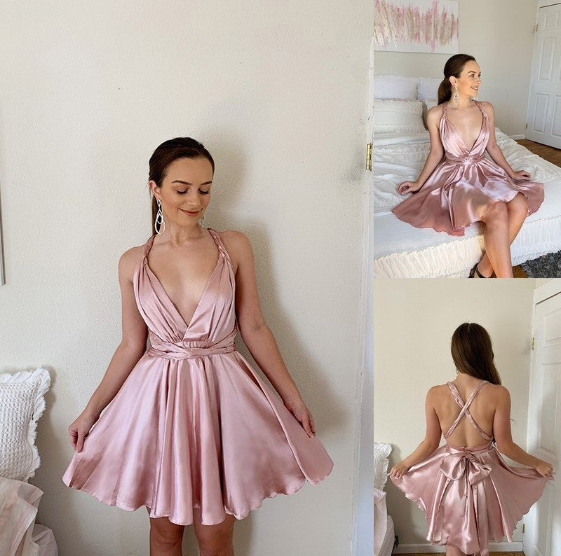 Ruffles Silk V-neck Satin like A-Line/Princess Sleeveless Short/Mini Homecoming Dresses