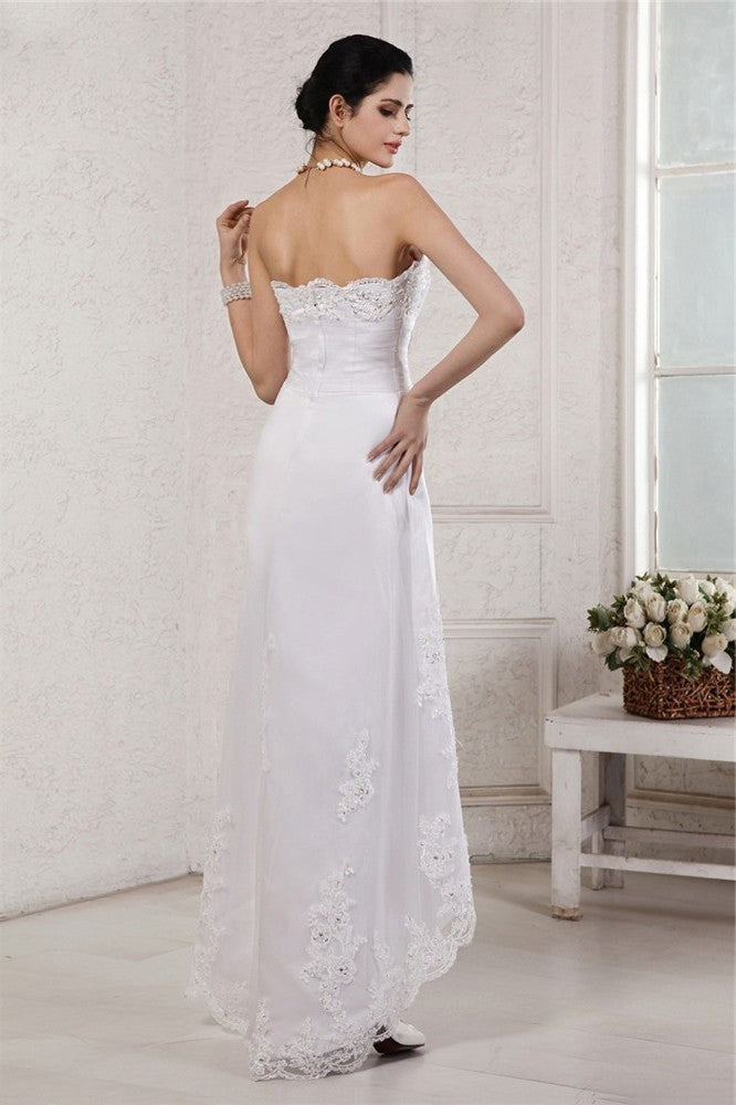 Low Applique Sheath/Column Sleeveless High Beading Sweetheart Organza Wedding Dresses