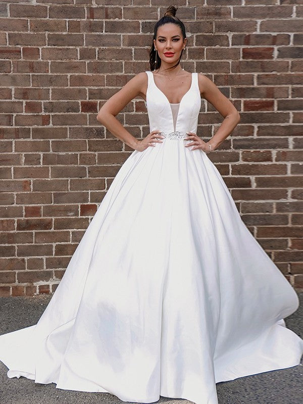 A-Line/Princess V-neck Sleeveless Beading Satin Court Train Wedding Dresses