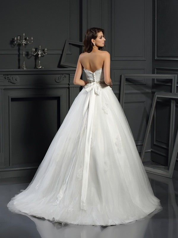 Applique Gown Strapless Ball Long Sleeveless Net Wedding Dresses